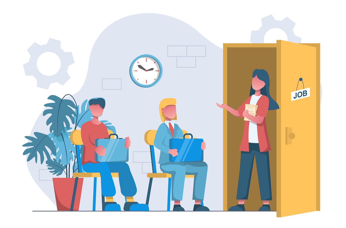 Recruiter at an open door marked JOB inviting two waiting candidates in: handling counter-offers, a Hireologist guide