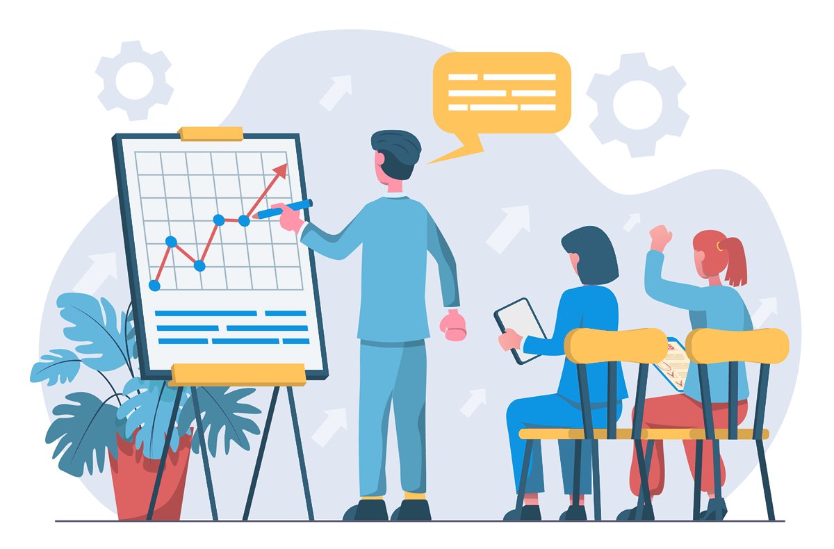 Trainer explaining a rising sales chart to two team members: hiring a first SaaS sales or customer success person, by Hireologist
