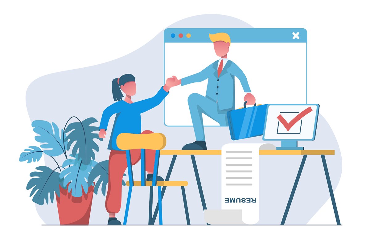 Interviewer greeting a candidate through an online interview screen with a resume on the desk: Hireologist guide to interviewing software engineers