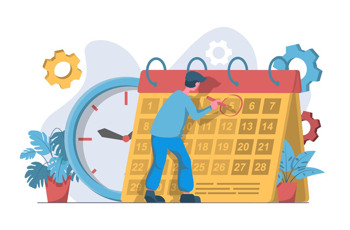 Hiring manager circling a joining date on a large calendar beside a clock: planning around notice periods in India, by Hireologist
