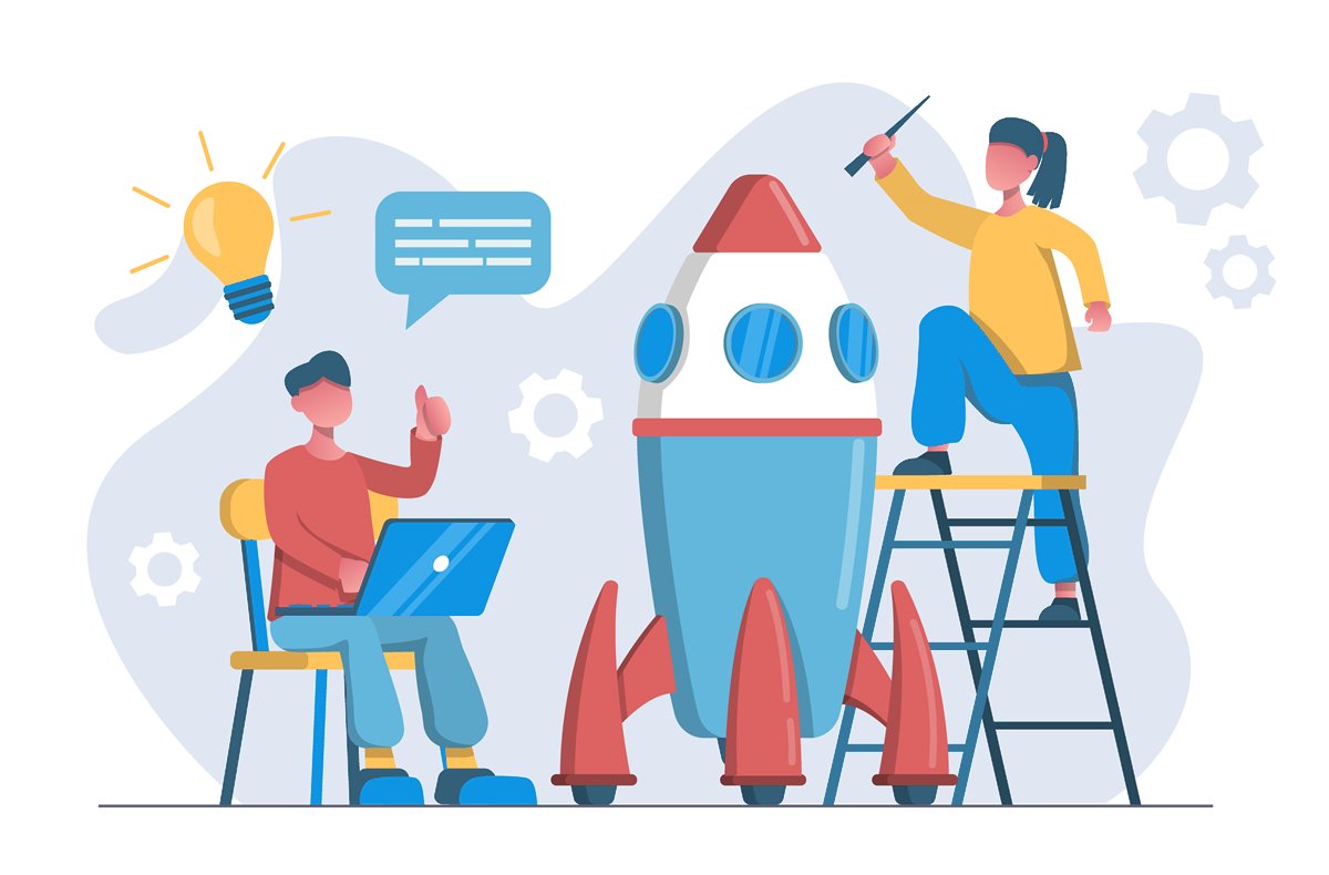 Two team members building a rocket, one with a laptop and one on a ladder: who to hire first in a SaaS product team, by Hireologist