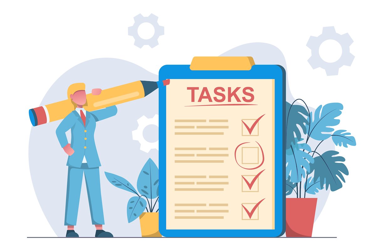 Recruiter with a large pencil beside a ticked checklist on a clipboard: a simple interview scorecard from Hireologist