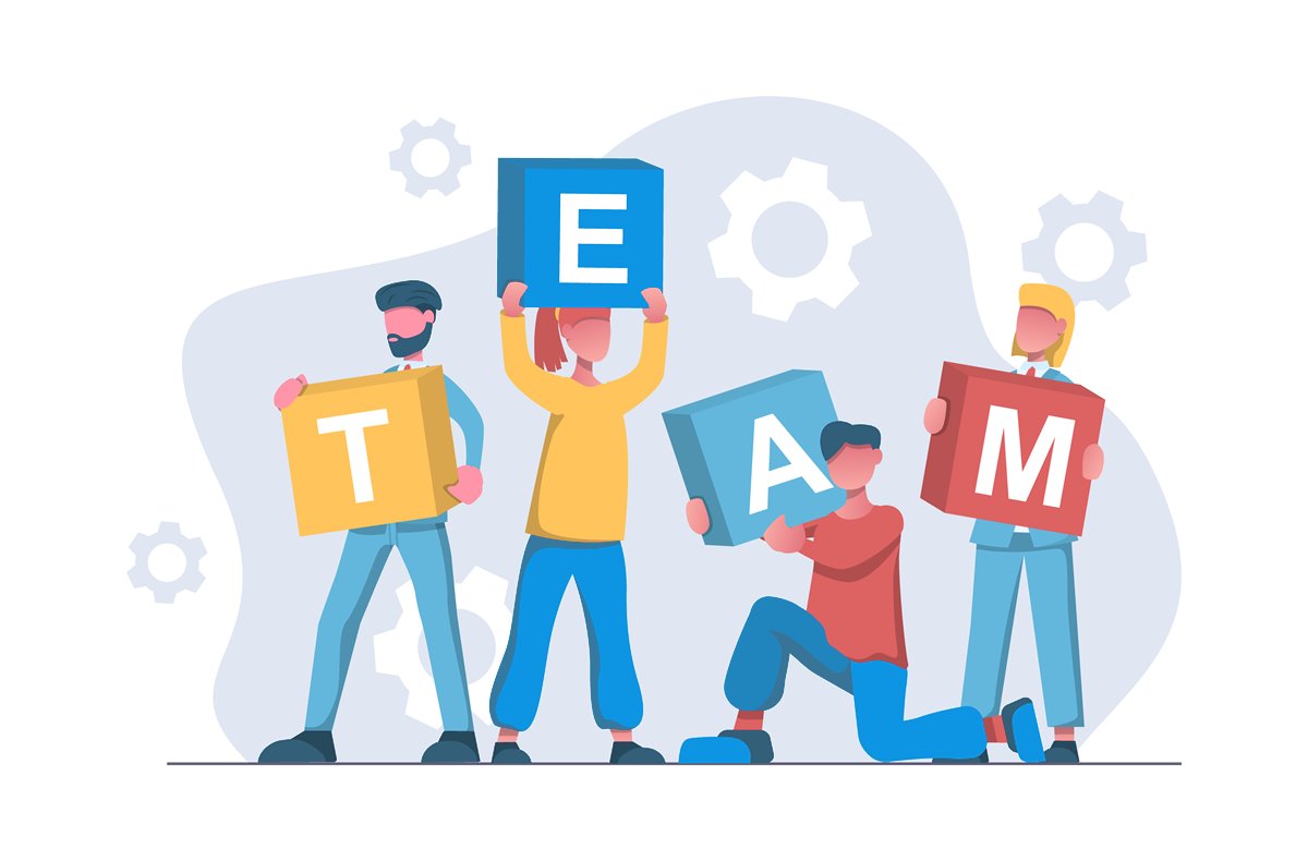 Four colleagues holding blocks that spell TEAM: a new hire joining the team